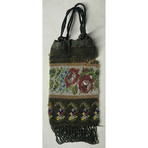 Antique Victorian Drawstring Beaded Purse 19th C. Art Nouveau Bag Glass - Picture 4 of 16